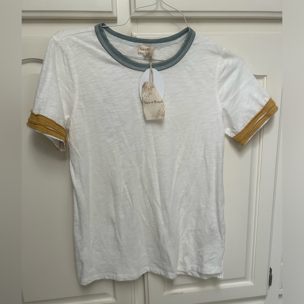 Hem & Thread ringer Style Tee, yellow and blue trim, Size Small